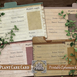Tarjeta vintage para el cuidado de plantas • Imprimible • Botánica • Descarga instantánea • Álbum de recortes • Digital • Efímera