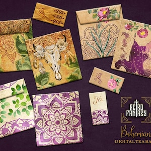 Enveloppes de sachets de thé vintage bohème imprimables | Sachets de thé bohème bohème | Téléchargement instantané | Sachets de thé mandalas |  Ambiance hippie