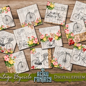 Puede incluir: Conjunto de clipart digital de bicicleta vintage con acentos florales. El conjunto incluye imágenes de bicicletas con cestas, bicicletas tándem y bicicletas individuales. Las imágenes están en blanco y negro con un estilo vintage.