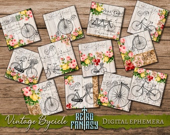 Vintage Bycicle ephemera • Scrapbook • Bike • Antique bike • Printable ephemera • ATC • cards • digital download • Floral