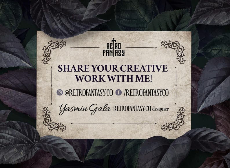 Peut inclure: Une carte de style vintage avec le texte "SHARE YOUR CREATIVE WORK WITH ME!". Elle pr&eacute;sente des &eacute;l&eacute;ments d&eacute;coratifs et le logo "RETRO FANTASY". Le fond est un motif sombre de feuilles. Les r&eacute;seaux sociaux sont &eacute;galement indiqu&eacute;s.