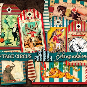 Étiquettes et extras imprimables de cirque vintage | Téléchargement instantané | Journal de cirque vintage | Carnaval Carnaval | Album de fantaisie