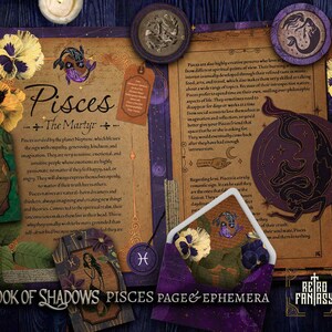 Printable PISCES Pages & ephemera • Book of Shadows • ZODIAC • Wicca pages • Junk Journal Pages • Grimoire • Witchy pages • ASTROLOGY
