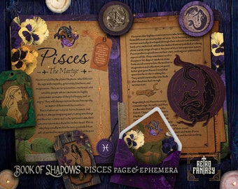 Op de afbeelding: Een vintage-stijl boek van schaduwen pagina met een paars en gouden kleurenschema. De pagina bevat een gedetailleerde illustratie van een zeemeermin met de tekst "Pisces - The Martyr" en "Book of Shadows Pisces Page & Ephemera".