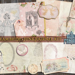 May include: A digital junk journal kit with a vintage aesthetic featuring a bride and wedding-themed illustrations, text, and embellishments. The kit includes a variety of papers, tags, and other elements that can be used to create unique and personalised journals.