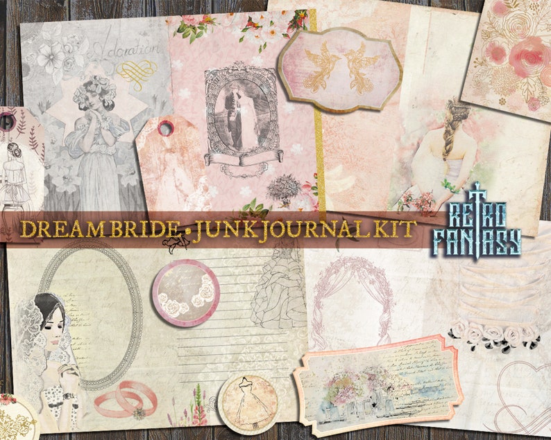May include: A digital junk journal kit with a vintage aesthetic featuring a bride and wedding-themed illustrations, text, and embellishments. The kit includes a variety of papers, tags, and other elements that can be used to create unique and personalised journals.