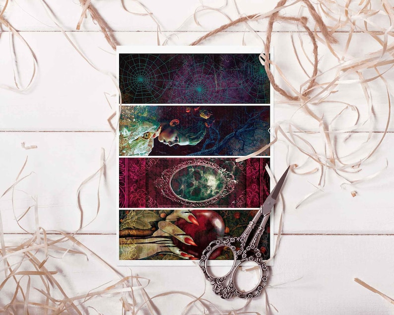 May include: Four rectangular art prints with fantasy-themed illustrations. The prints feature a spiderweb, a face, a mirror, and a hand holding an apple. A pair of decorative scissors rests on the right side.