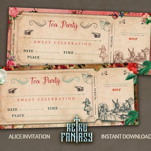Printable Alice in wonderland Vintage Invitation Ticket | Shabby Chic Alice Ticket | Instant Download | Alice in wonderland birthday party