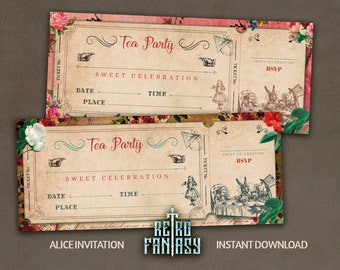 Alice im Wunderland Vintage Einladungskarte zum Ausdrucken | Shabby Chic Alice Ticket | Sofort Download | Alice im Wunderland Geburtstagsparty