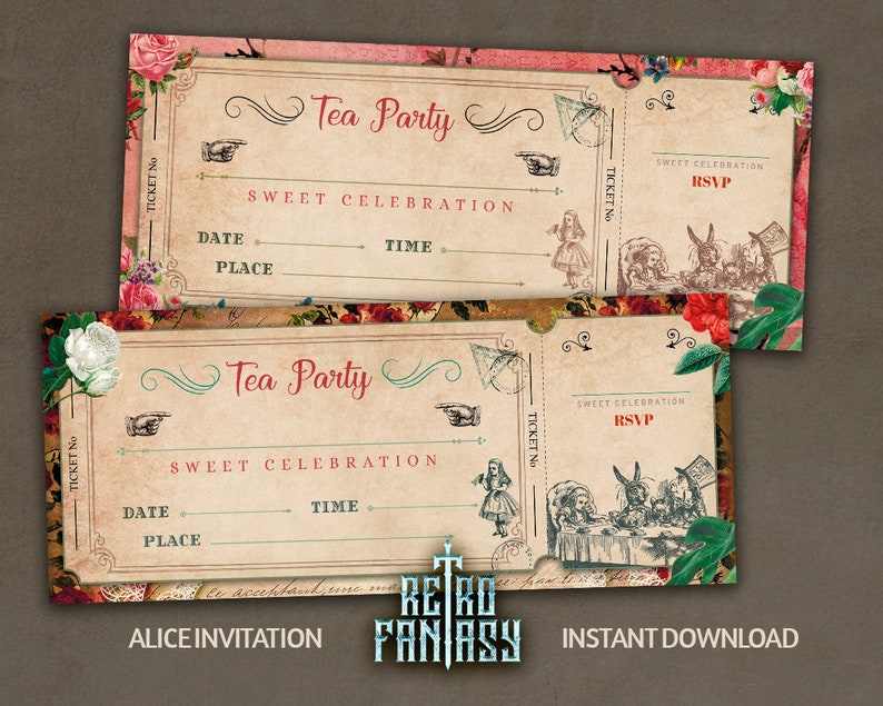 Printable Alice in Wonderland Vintage Invitation Ticket Etsy