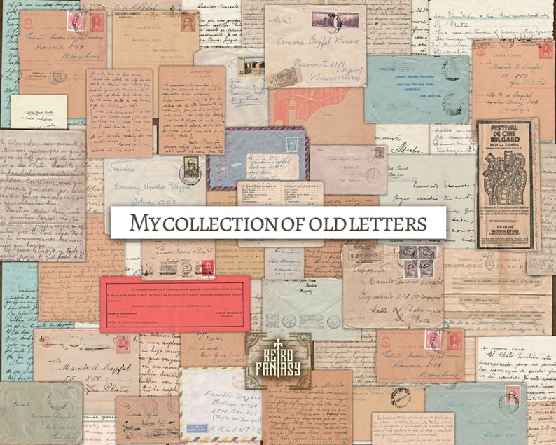 100 pieces: My collection of OLD LETTERS Handwriting letters, postals, telegram, documents Junk Journal ephemera Scrapbook n Digital image 1