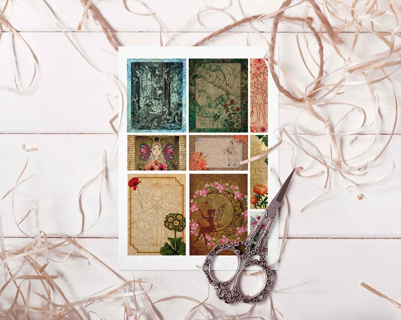 May include: A set of eight printable digital collage sheets featuring fairy and nature themes. The sheets include images of fairies, flowers, trees, and other nature-inspired elements. The sheets are perfect for scrapbooking, card making, and other craft projects.