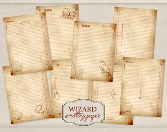 May include: Set of eight printable lined writing paper pages with a vintage parchment background and various Harry Potter themed illustrations, including glasses, a book, a sword, an owl, a broom, a cauldron, a wand, and a lightning bolt. The text "WIZARD writing paper" is at the bottom of the page.