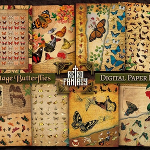 Vintage butterflies Digital Paper pack • Butterfly Junk Journal Kit • Scrapbooking • Ephemera • botanical • garden