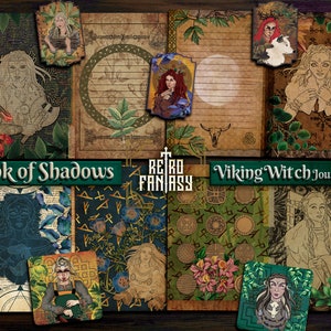 May include: A Viking Witch Journal Kit with a variety of illustrated pages and decorative elements. The kit includes pages with illustrations of women, floral designs, and Viking symbols. The words "Book of Shadows" and "Retro Fantasy" are also visible.
