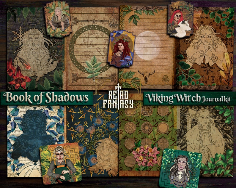 May include: A Viking Witch Journal Kit with a variety of illustrated pages and decorative elements. The kit includes pages with illustrations of women, floral designs, and Viking symbols. The words "Book of Shadows" and "Retro Fantasy" are also visible.