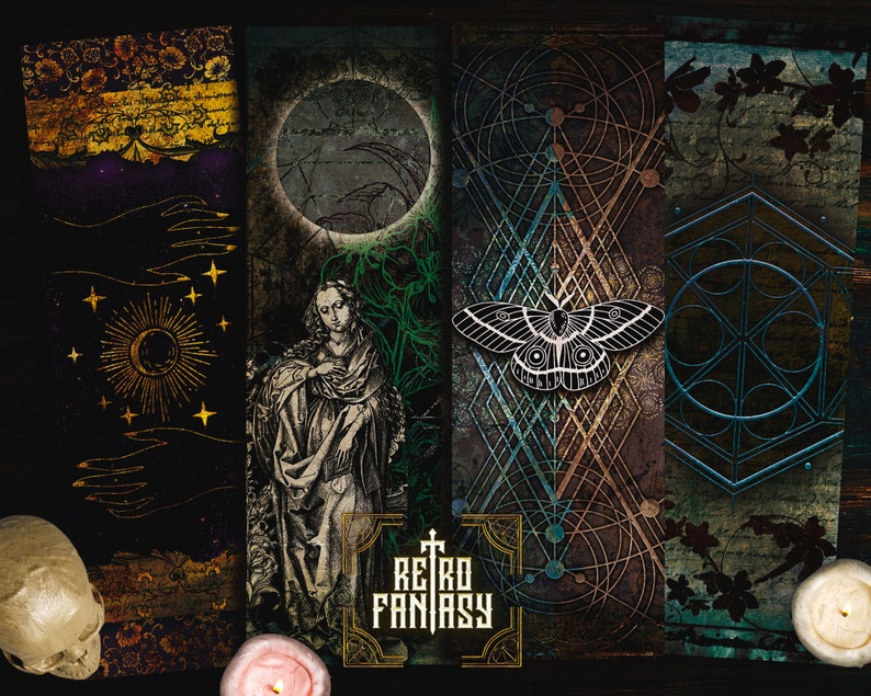 May include: A set of four vintage-style digital art prints featuring a woman in a long dress, a moth, a crescent moon, and a geometric design. The prints have a dark background with gold and green accents. The text "Retro Fantasy" is printed on the bottom of the prints.