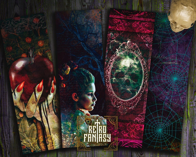 May include: Four fantasy-themed bookmarks with dark, gothic illustrations. One features a red apple with a hand, another a young person, a skull in a mirror, and a spiderweb. The Retro Fantasy logo is visible.