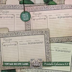 May include: Vintage recipe cards with decorative floral borders. The cards have sections for ingredients, directions, prep time, and cook time. The cards are labeled "Vintage Recipe Cards" and "Printable Ephemera Kit."