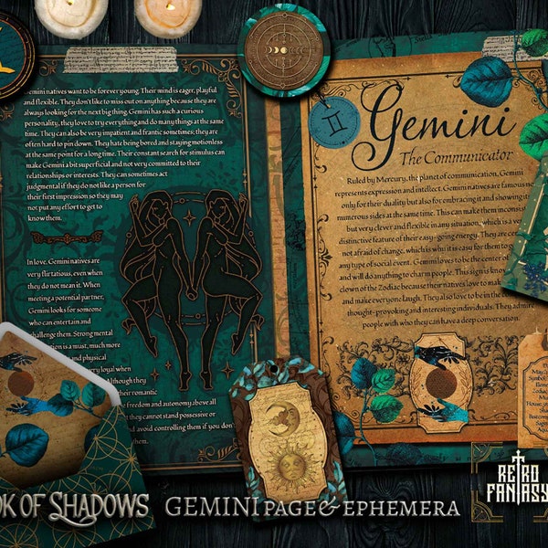 Printable GEMINI Pages & ephemera • Book of Shadows • ZODIAC • Wicca pages • Junk Journal Pages • Grimoire • Witchy pages • ASTROLOGY