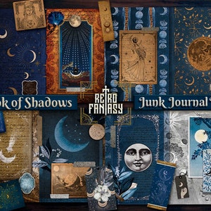 May include: A digital junk journal kit with a celestial theme. The kit includes images of moons, stars, and other celestial objects in shades of blue, gold, and brown. The text "Book of Shadows" and "Junk Journal Kit" are included in the image.