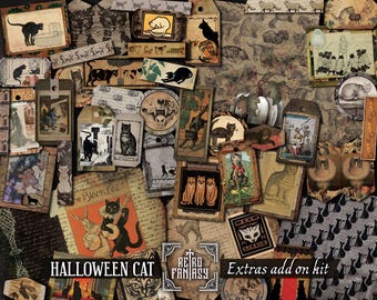 Halloween Cat Printable Ephemera Kit • INSTANT Download • Envelopes, Tags, Labels • Dark • Scrapbook • Halloween Digital