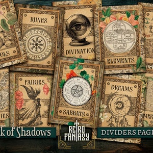 May include: A set of ten vintage-style printable divider pages for a book of shadows. Each page features a different design, including runes, fairies, tools, elements, divination, dreams, deities, sabbats, angels, and meralogy. The pages are in a brown and cream colour scheme with black text and illustrations.