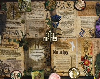 Könnte beinhalten: Ein Bild im Vintage-Stil mit einer Collage aus Runen, Pflanzen und Text. Der Text enthält die Wörter "Retro Fantasy", "Hagalaz", "Jera", "Nauthiz" und "Isa".