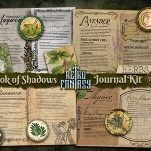 May include: A vintage-style printable journal kit for a book of shadows, featuring illustrations of herbs and their magical and medicinal properties. The kit includes pages for Mugwort, Lavender, Cinnamon, and Thyme.