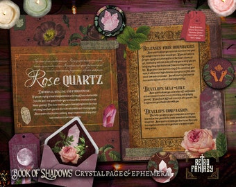 Printable ROSE QUARTZ Pages & ephemera • Book of Shadows • CRYSTALS • Wicca pages • Junk Journal Pages • Grimoire • Witchy pages