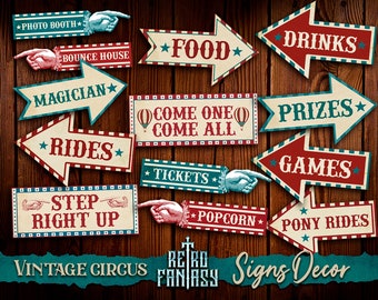 Vintage Circus Party Decor  •  Set 13 Carnival Signs • Retro Carnival party decor