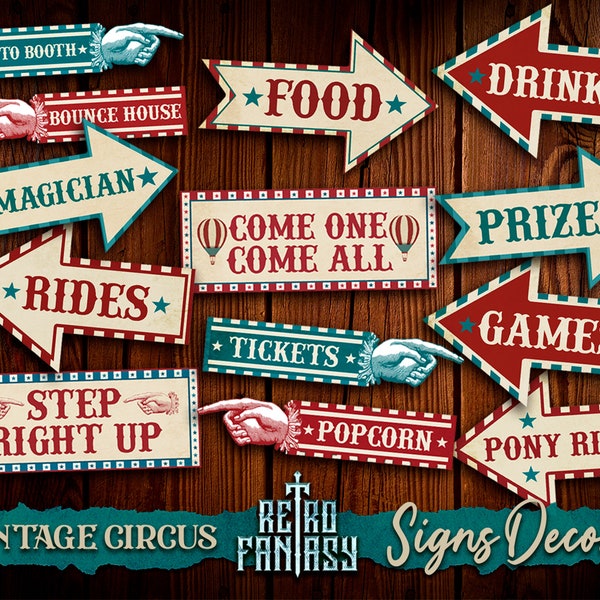 Vintage Circus Party Decor  •  Set 13 Carnival Signs • Retro Carnival party decor