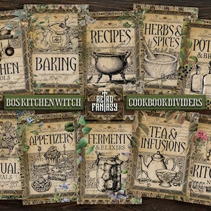 Pode incluir: Um conjunto de divisórias de livros de receitas em estilo vintage com ilustrações botânicas e texto. As divisórias incluem categorias como "Kitchen Tools", "Baking", "Recipes", "Herbs & Spices" e "Potions & Brews". A frase "Bos Kitchen Witch Cookbook Dividers" também é visível.