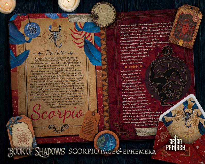 May include: A book of shadows with a red, black, and gold cover featuring a scorpion illustration and the text "Book of Shadows Scorpio Page & Ephemera". The book is open to a page with text about the Scorpio zodiac sign, including its personality traits and characteristics.