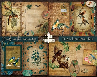 Birds in the morning Digital Junk Journal Kit Printable • Vintage birds ephemera • Scrapbooking • Floral • Instant Download  • Pintable