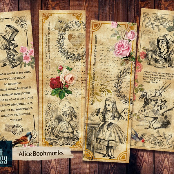 Printable Alice in wonderland Vintage Bookmarks | Shabby Chic Alice Bookmarks | Instant Download | Alice in wonderland birthday