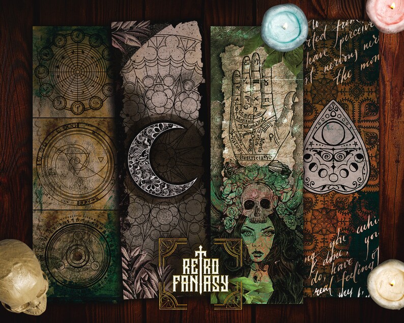 May include: A set of four digital collage sheets featuring vintage illustrations of a crescent moon, a hand with lines, a circular design, and a Ouija board. The sheets are in shades of brown, green, and black with a gold border. The text "Retro Fantasy" is printed on the bottom of the sheets.