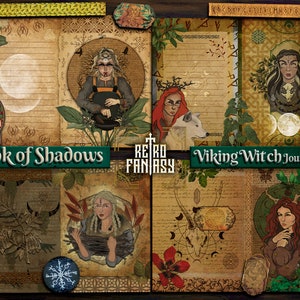 May include: A journal kit with a vintage aesthetic, featuring illustrations of Viking witches and mystical symbols. The words "Book of Shadows" and "Viking Witch Journal kit" are displayed. The color palette includes greens, browns, and reds.