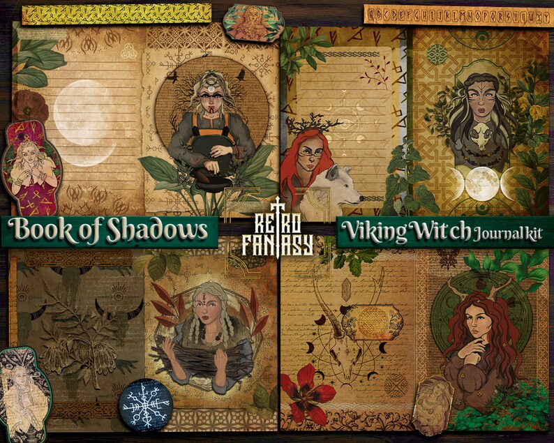 May include: A journal kit with a vintage aesthetic, featuring illustrations of Viking witches and mystical symbols. The words "Book of Shadows" and "Viking Witch Journal kit" are displayed. The color palette includes greens, browns, and reds.
