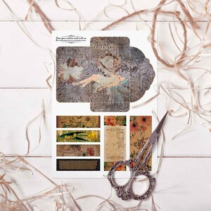 May include: Printable digital paper pack with a vintage aesthetic. The pack includes a large sheet with a floral design and several smaller sheets with floral and bird designs. The text on the sheet reads "Place your message and seal with wax".