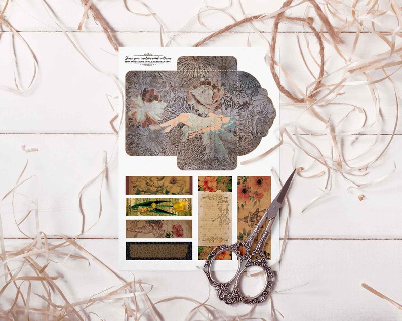 May include: Printable digital paper pack with a vintage aesthetic. The pack includes a large sheet with a floral design and several smaller sheets with floral and bird designs. The text on the sheet reads "Place your message and seal with wax".