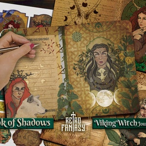 May include: A Viking Witch Journal kit with illustrations of women, wolves, and moons. The journal has a vintage aesthetic with the text "Book of Shadows" and "Viking Witch Journal kit". The journal is open, with a hand holding a pen over the lined pages.