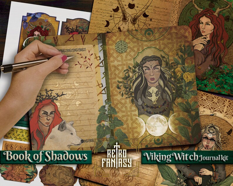 May include: A Viking Witch Journal kit with illustrations of women, wolves, and moons. The journal has a vintage aesthetic with the text "Book of Shadows" and "Viking Witch Journal kit". The journal is open, with a hand holding a pen over the lined pages.