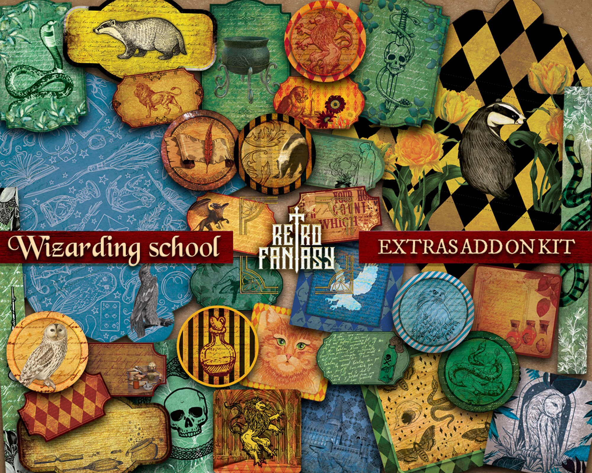 Wizarding School Extras add on kit • Ephemera • Instant Download • Wizard •  Bookish • Scrapbook • Labels, tags and envelopes