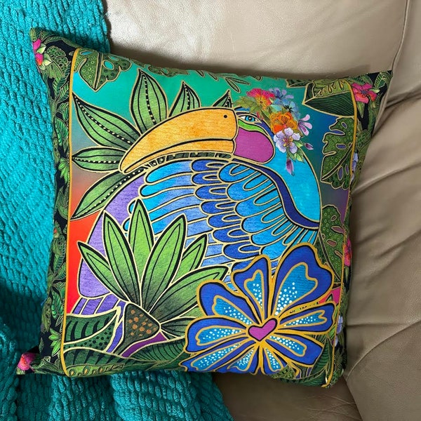 Laurel Burch TROPICAL BIRD Fabric Pillow Bright Colors Home Decor High End Pillow 15x15.  INCLUDES Pillow Insert