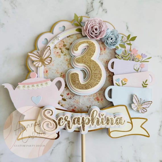 Custom 3D Shaker Tea Party Birthday Cake Topper , Tea Party Birthday Cake Topper , Tea Party Cake Topper , Custom Cake Topper , Tea Party ,