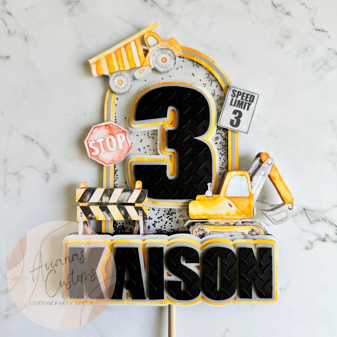 Custom 3D Watercolor Shaker Construction Birthday Cake Topper ...