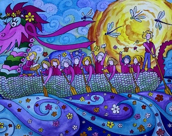 Tribute -Watercolour A4 Print / Pinkoala Dragon boat print/ cancer survivor gift / paddling artwork/ watercolour painting