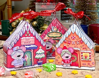 Set di tre -Villaggio di Natale / Modelli di casa di carta- Pinkoala Scatole di regalo di Natale / Ornamento fai-da-te / Decorazione natalizia / Fornitura artigianale fai-da-te