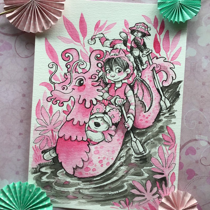 Dragon Art Print/ Dragon Boating themed illustration/ Breast cancer awareness watercolour image 2